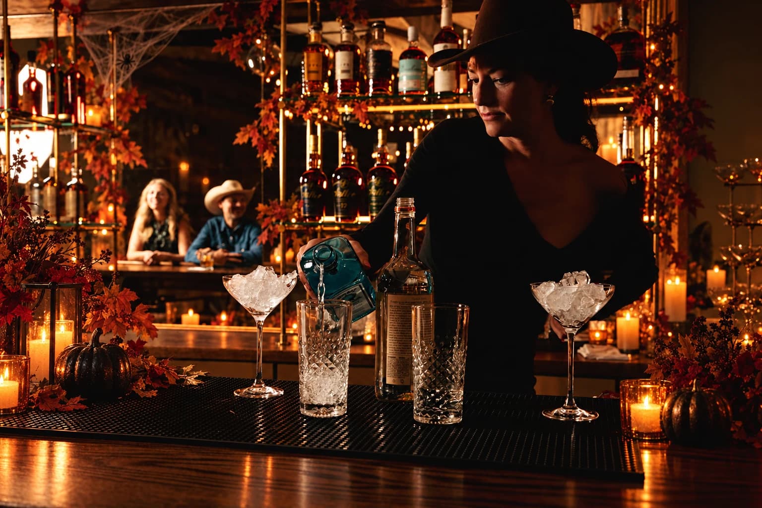 Halloween bar service with autumn foliage, pumpkins, and candlelight