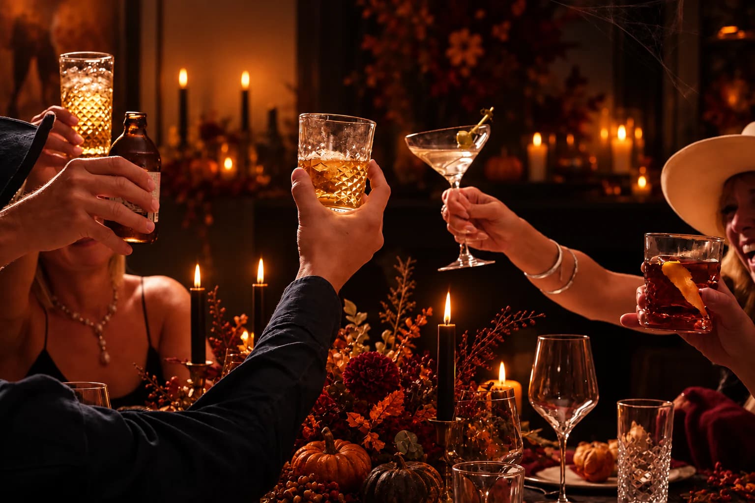 Guests raising cocktails at a candlelit Halloween gathering inside Heritage Hall