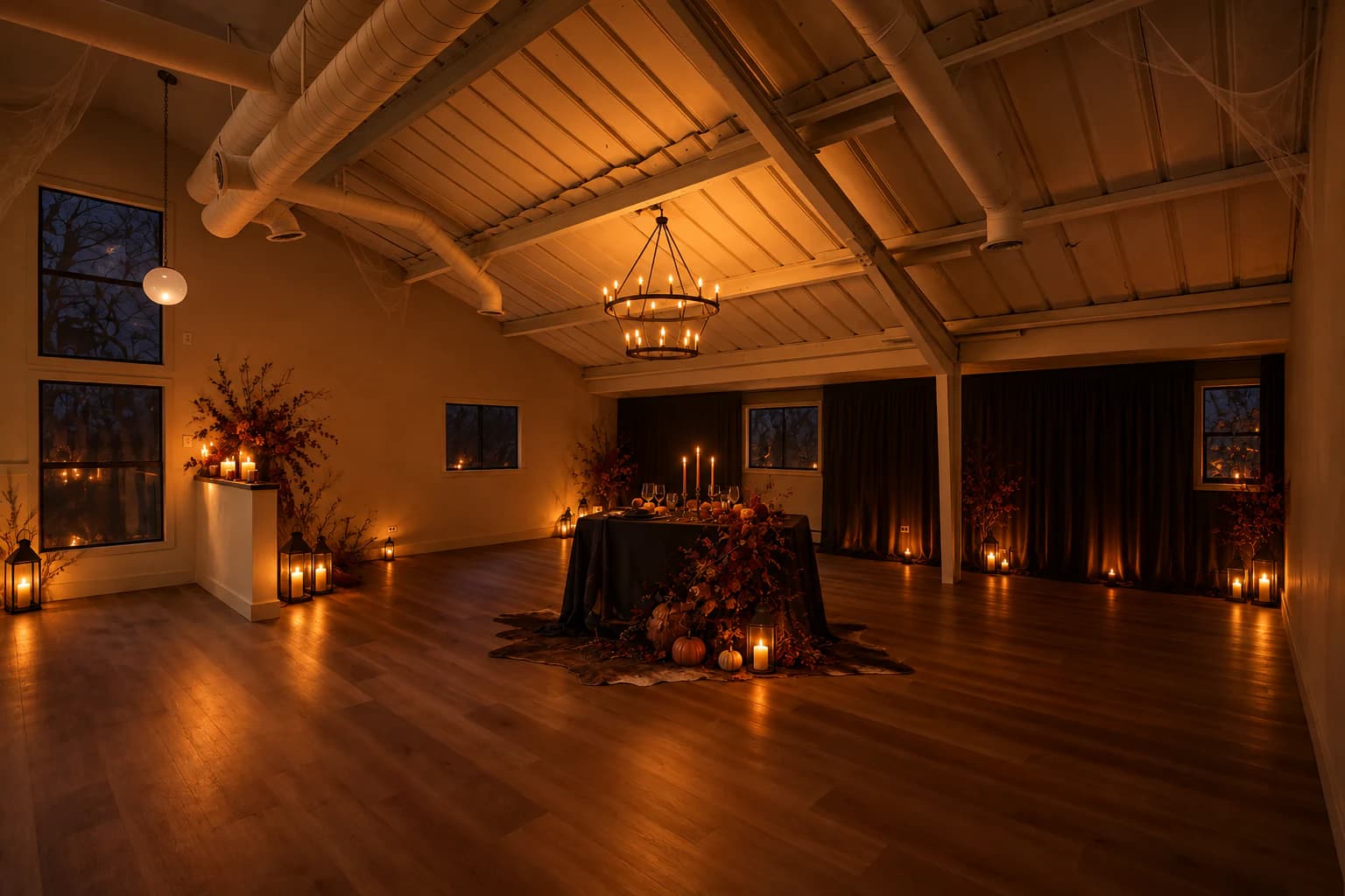 Heritage Hall prepared for Halloween with black draping, autumn florals, pumpkins, and candlelight