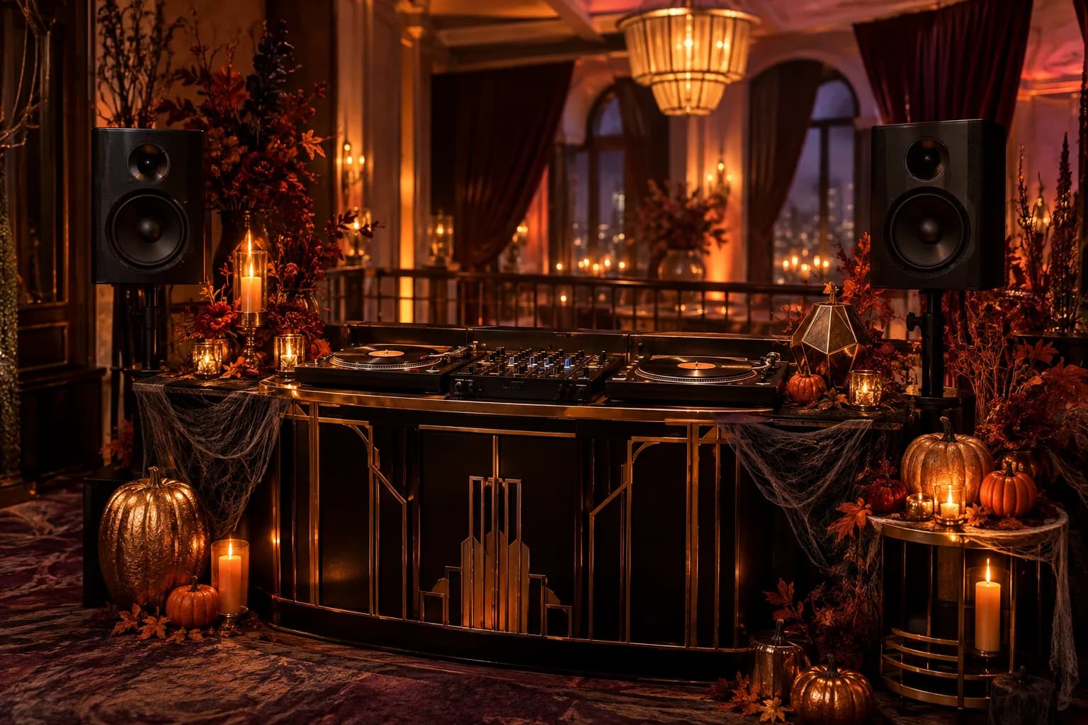 Art deco Halloween DJ setup with pumpkins, candlelight, and warm party lighting