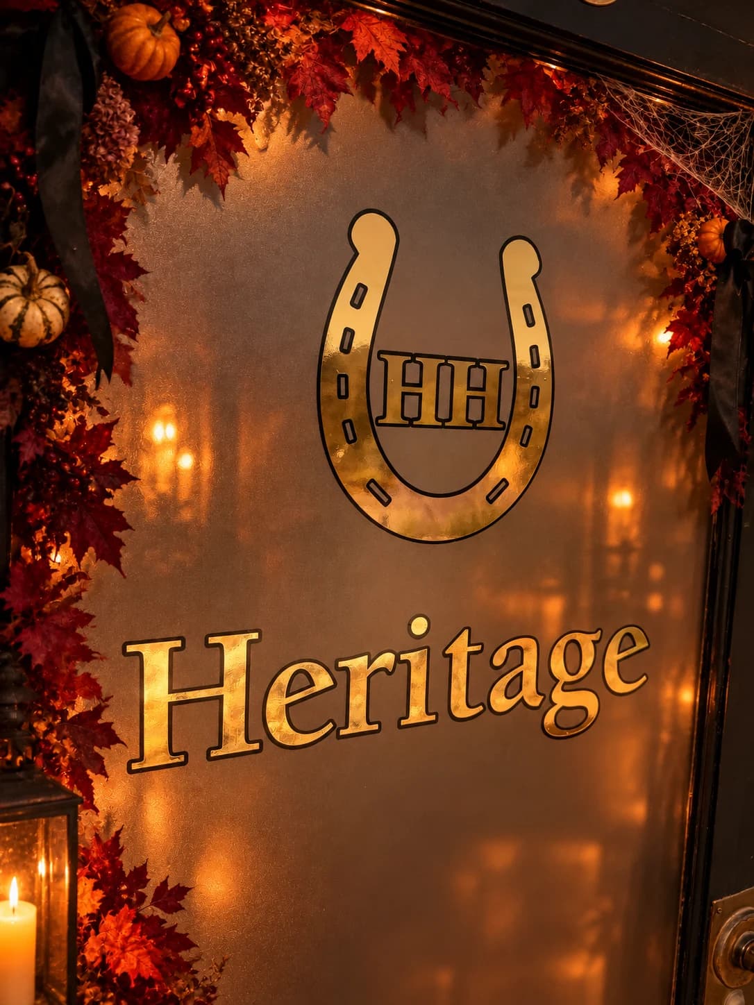 Heritage Hall entrance decorated with autumn leaves, pumpkins, black ribbon, and candlelight