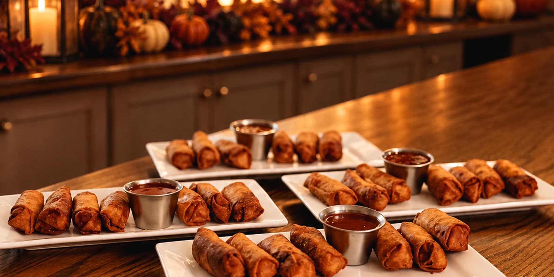 A buffet of appetizers from the Black Hat kitchen with pumpkins, autumn foliage, candlelight, and subtle Halloween decor