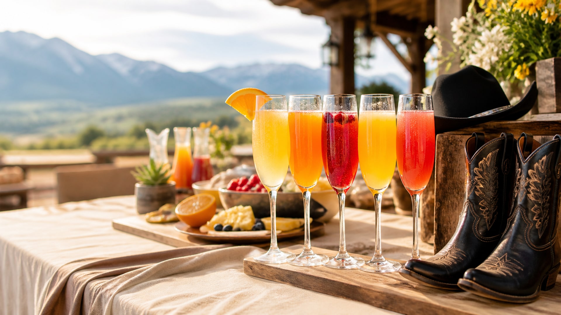 Boots & Bubbles mimosa flights, western boots, and Black Hat brunch styling