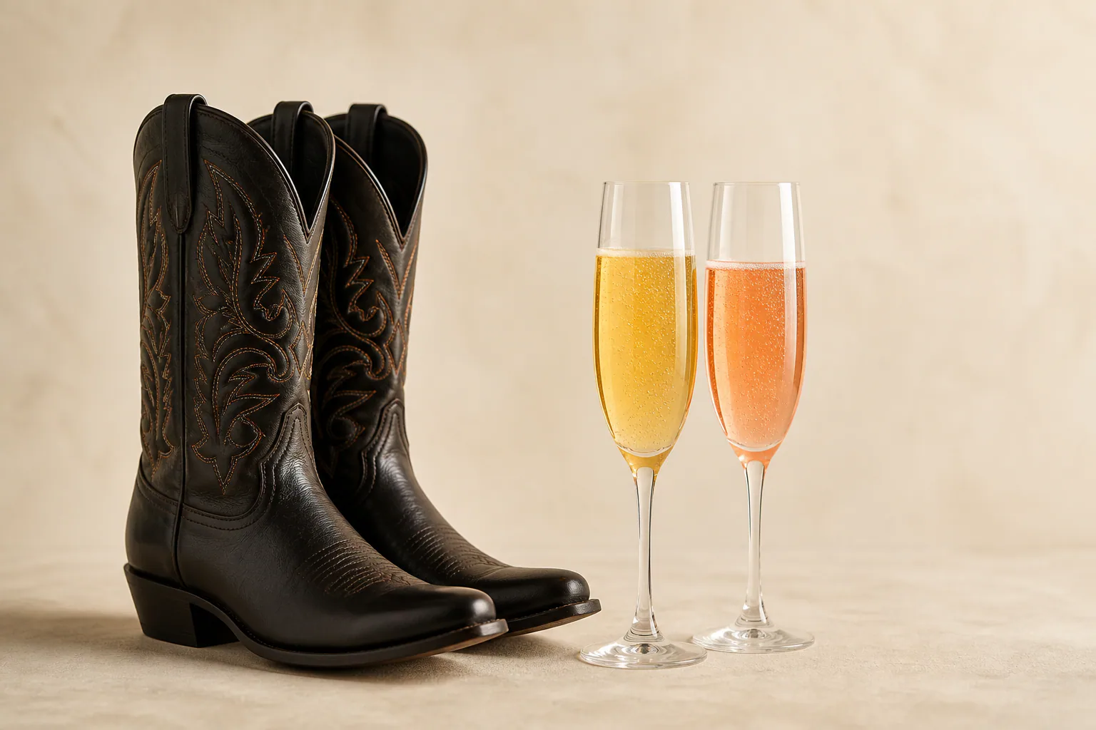 Boots, bubbles, and a little western polish. Black western boots beside two champagne flutes on a light studio backdrop